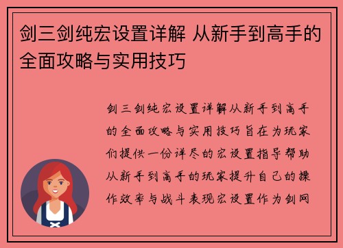 剑三剑纯宏设置详解 从新手到高手的全面攻略与实用技巧